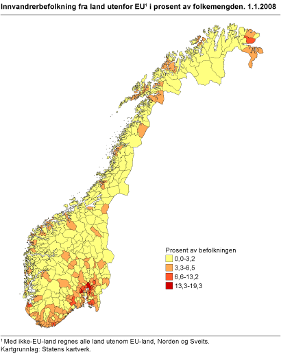 Kommunekart - Innvandrerbefolkning fra land utenfor EU i prosent av folkemengden. 1. januar 2008