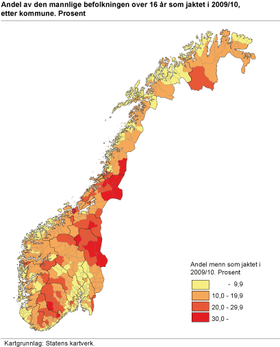 Prosentandel av den mannlige befolkningen over 16 år som jaktet i 2008/2009, etter kommune. 