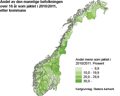 Andel av den mannlige befolkningen over 16 år som jaktet i 2010/2011, etter kommune