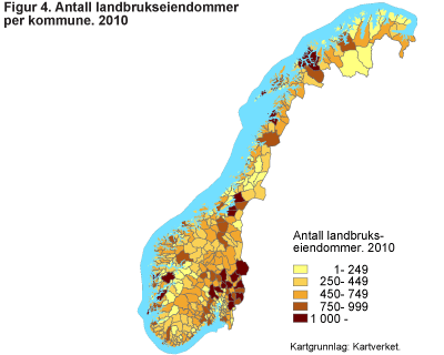 Antall landbrukseiendommer per kommune. 2010