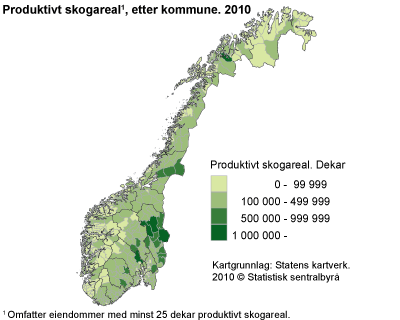 Produktivt skogareal, etter kommune. 2010