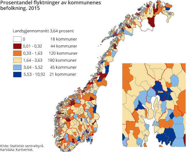 Prosentandel flyktninger av kommunenes befolkning. 2015 Prosentandel flyktninger av kommunenes befolkning. 2015