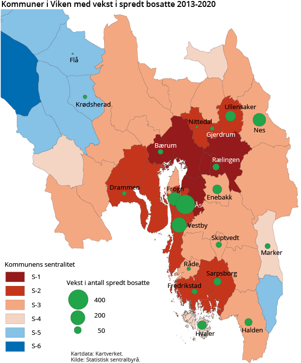 Figur 3. Kommuner i Viken med vekst i spredt bosatte 2013-2020. Sentralitet. Antall vekst