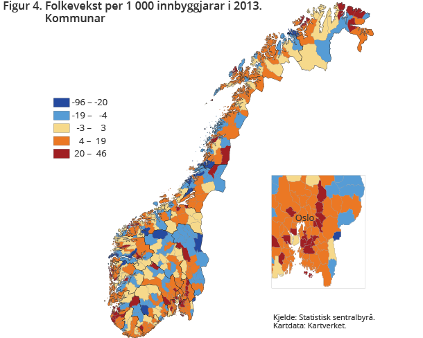 Figur 4. Folkevekst per 1 000 innbyggjarar i 2013. Kommunar