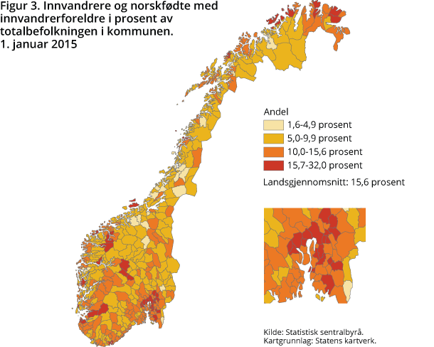 Figur 3. Innvandrere og norskfødte med innvandrerforeldre i prosent av totalbefolkningen i kommunen. 1. januar 2015 Figur 3. Innvandrere og norskfødte med innvandrerforeldre i prosent av totalbefolkningen i kommunen. 1. januar 2015