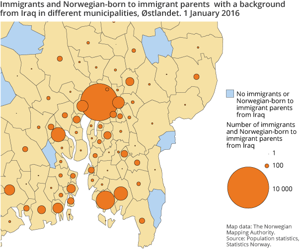 Figure 5. Persons with a background from Iraq in different municipalities, Østlandet. 1 January 2016 Figure 5. Persons with a background from Iraq in different municipalities, Østlandet. 1 January 2016