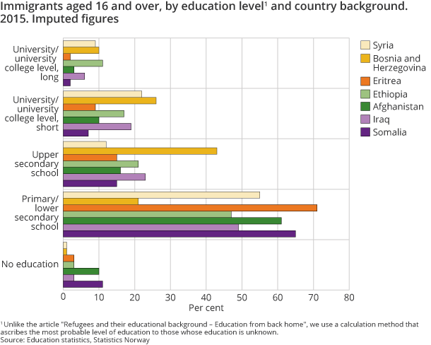 Figure 10. Immigrants aged 16 and over, by education level1 and country background. 2015. Imputed figures