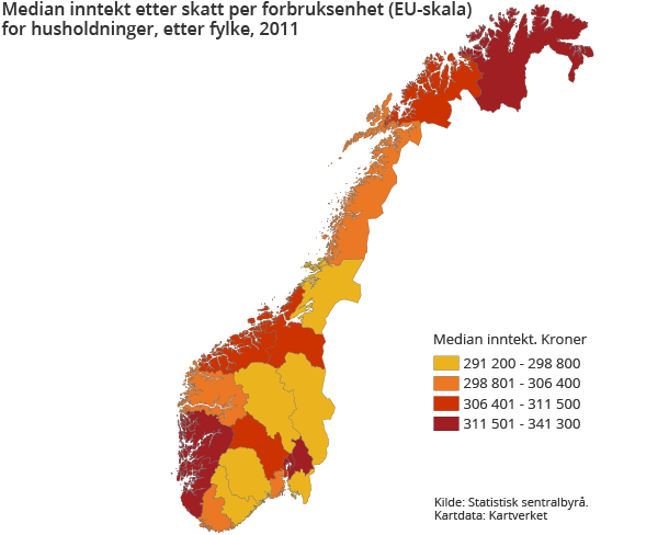 Median inntekt etter skatt per forbruksenhet (EU-skala) for husholdninger, etter fylke. 2011 Median inntekt etter skatt per forbruksenhet (EU-skala) for husholdninger, etter fylke. 2011