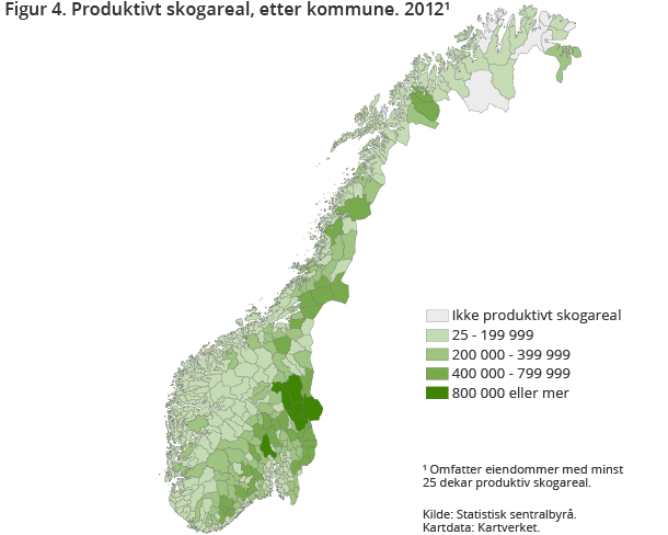 Kart over hvor stort det produktive skogarealet er i de ulike kommunene Kart over hvor stort det produktive skogarealet er i de ulike kommunene