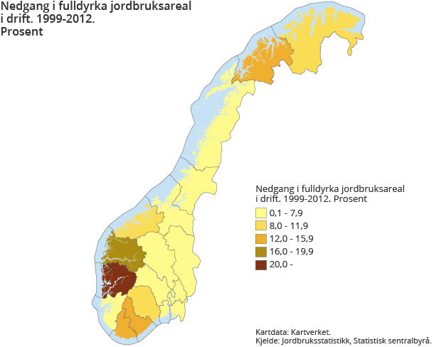 Nedgang i fulldyrka jordbruksareal i drift. 1999-2012. Prosent Nedgang i fulldyrka jordbruksareal i drift. 1999-2012. Prosent