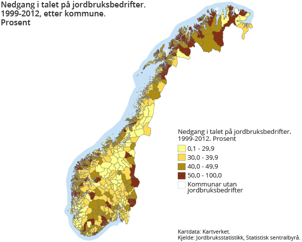 Nedgang i talet på jordbruksbedrifter. 1999-2012, etter kommune. Prosent  Nedgang i talet på jordbruksbedrifter. 1999-2012, etter kommune. Prosent