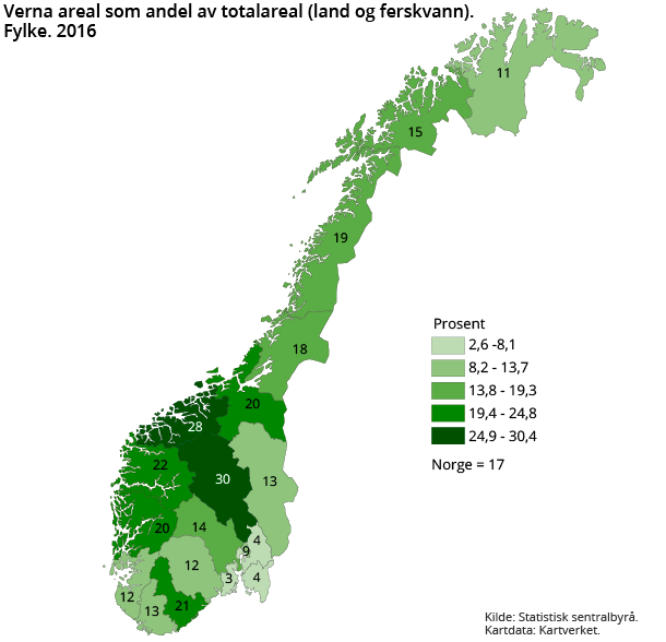 Verna areal som andel av totalareal (land og ferskvann). Fylke. 2016