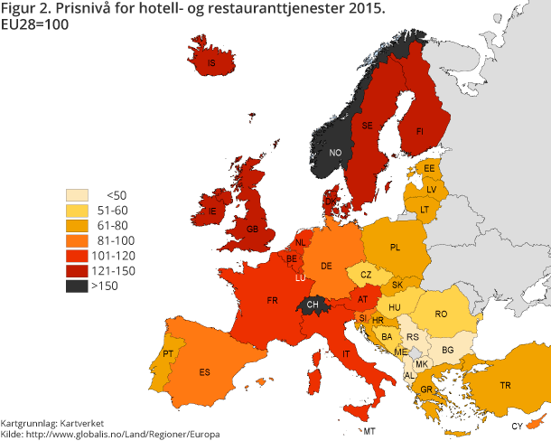 Figur 2. Prisnivå for Hotell- og restauranttjenester 2015. EU28=100 Figur 2. Prisnivå for Hotell- og restauranttjenester 2015. EU28=100