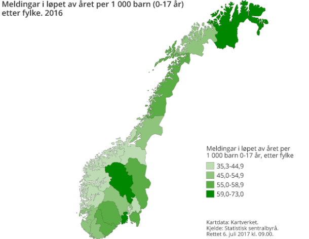 Figur 1. Meldingar i løpet av året per 1 000 barn (0-17 år) etter fylke. 2016 Figur 1. Meldingar i løpet av året per 1 000 barn (0-17 år) etter fylke. 2016