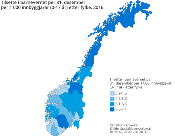 Figur 5. Tilsette i barnevernet per 31. desember per 1 000 innbyggjarar (0-17 år) etter fylke. 2016 Figur 5. Tilsette i barnevernet per 31. desember per 1 000 innbyggjarar (0-17 år) etter fylke. 2016