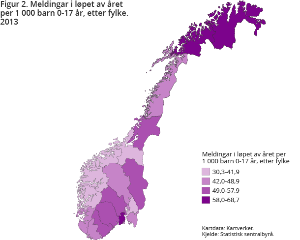 Figur 2. Meldingar i løpet av året per 1 000 barn 0-17 år etter fylke. 2013