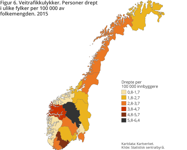 Veitrafikkulykker. Personer drept i ulike fylker per 100 000 av folkemengden. 2015 Veitrafikkulykker. Personer drept i ulike fylker per 100 000 av folkemengden. 2015