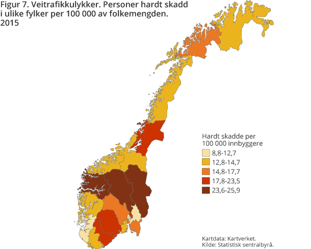 Veitrafikkulykker. Personer hardt skadd i ulike fylker per 100 000 av folkemengden. 2015 Veitrafikkulykker. Personer hardt skadd i ulike fylker per 100 000 av folkemengden. 2015