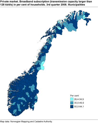 Private market. Broadband subscriptions (transmission capacity larger than 128 kbit/s) as a percentage of households. 3rd quarter 2008. Municipalities