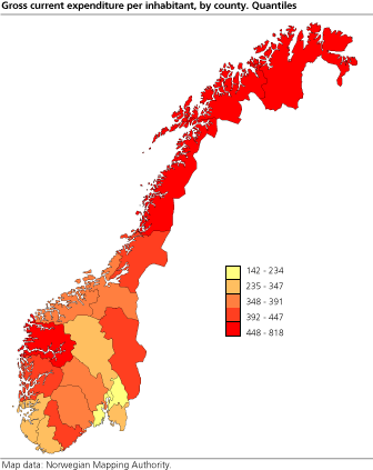 Gross current expenditure per inhabitant, by county. Quantiles