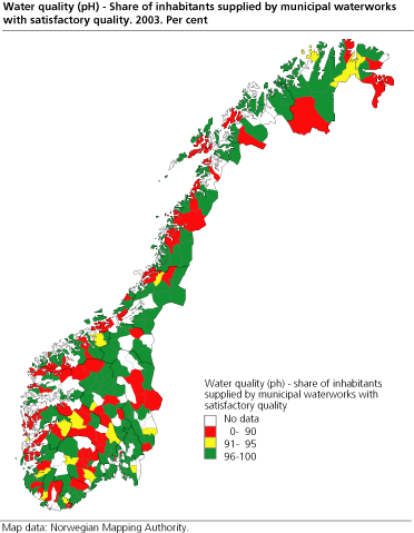 Water quality (pH) - Share of inhabitants supplied by municipal waterworks with satisfactory quality. Per cent. 2003