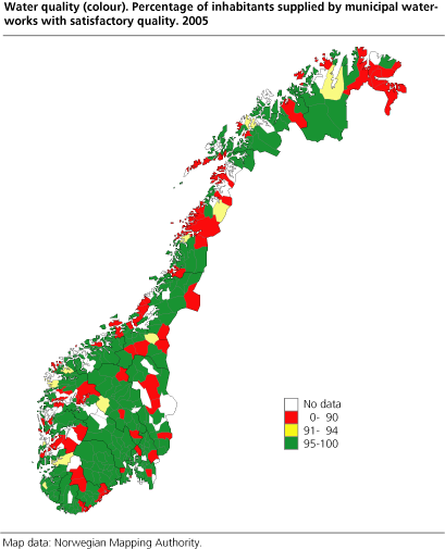 Water quality (Colour) - Share of inhabitants supplied by municipal waterworks with satisfactory quality. Per cent. 2005
