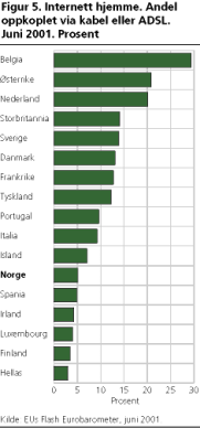 Internett hjemme. Andel oppkoplet via kabel eller ADSL. Juni 2001. Prosent