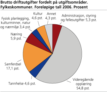 Brutto driftsutgifter fordelt på utgiftsområder. Fylkeskommuner. Foreløpige tall 2006. Prosent