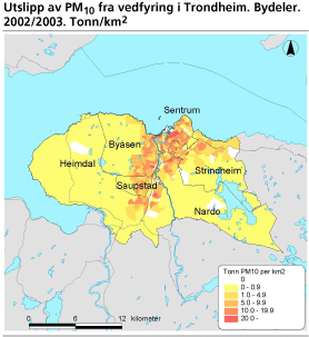 Utslipp av PM10 fra vedfyring i Trondheim. Bydeler. 2002/2003. Tonn/km2