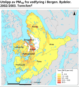 Utslipp av PM10 fra vedfyring i Bergen. Bydeler. 2002/2003. Tonn/km2
