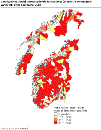 Vannkvalitet. Andel tilfredsstillende fargeprøver (prosent) i kommunale vannverk, etter kommune. 2002
