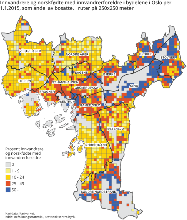 Innvandrere og norskfødte med innvandrerforeldre i bydelene i Oslo per 1.1.2015, som andel av bosatte. I ruter på 250x250 meter Innvandrere og norskfødte med innvandrerforeldre i bydelene i Oslo per 1.1.2015, som andel av bosatte. I ruter på 250x250 meter