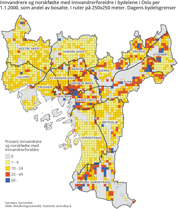 Innvandrere og norskfødte med innvandrerforeldre i bydelene i Oslo per 1.1.2000, som andel av bosatte. I ruter på 250x250 meter. Dagens bydelsgrenser Innvandrere og norskfødte med innvandrerforeldre i bydelene i Oslo per 1.1.2000, som andel av bosatte. I ruter på 250x250 meter. Dagens bydelsgrenser