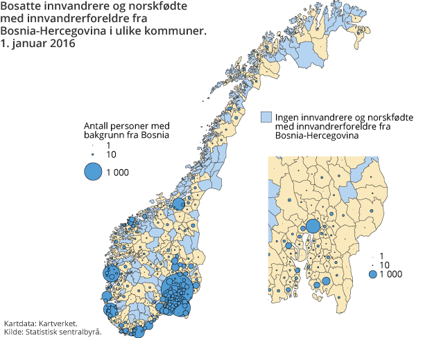 Bosatte innvandrere og norskfødte med innvandrerforeldre fra Bosnia-Hercegovina i ulike kommuner. 1. januar 2016 Bosatte innvandrere og norskfødte med innvandrerforeldre fra Bosnia-Hercegovina i ulike kommuner. 1. januar 2016