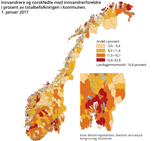 Innvandrere og norskfødte med innvandrerforeldre i prosent av totalbefolkningen i kommunen. 1. januar 2017 Innvandrere og norskfødte med innvandrerforeldre i prosent av totalbefolkningen i kommunen. 1. januar 2017
