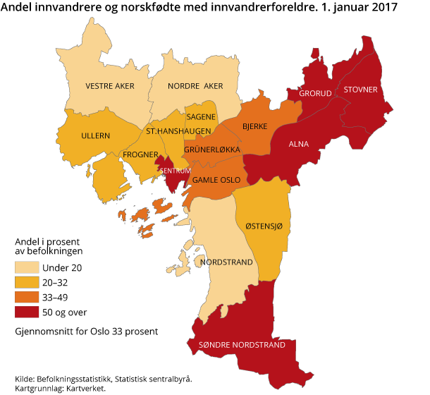 Andel innvandrere og norskfødte med innvandrerforeldre. 1. januar 2017 Andel innvandrere og norskfødte med innvandrerforeldre. 1. januar 2017