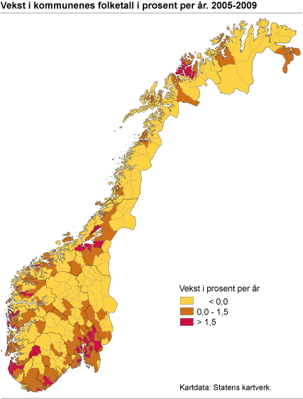Figur: Vekst i kommunenes folketall i prosent per år. 2005-2009 Figur: Vekst i kommunenes folketall i prosent per år. 2005-2009