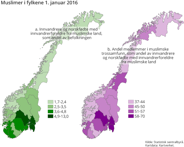 Figur 3. Muslimer i fylkene. 1. januar 2016 Figur 3. Muslimer i fylkene. 1. januar 2016