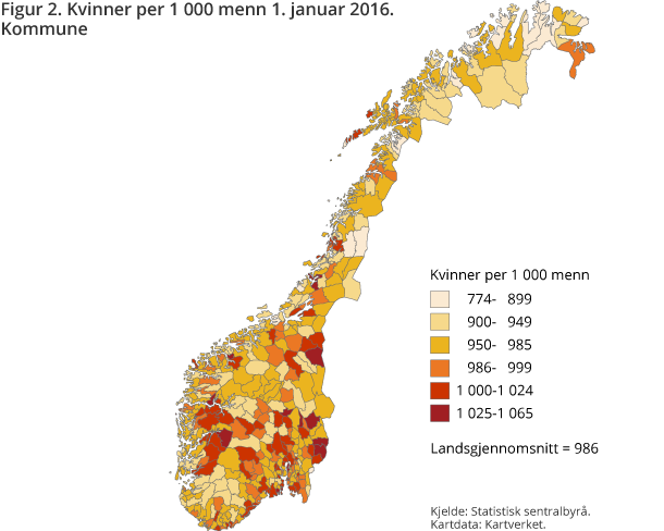 Figur 2. Kvinner per 1 000 menn 1. januar 2016. Kommune Figur 2. Kvinner per 1 000 menn 1. januar 2016. Kommune