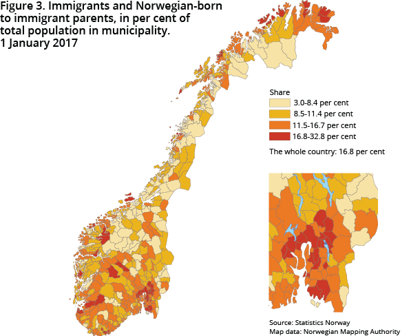 Figure 3. Immigrants and Norwegian-born to immigrant parents, in per cent of total population in municipality. 1 January 2017 Figure 3. Immigrants and Norwegian-born to immigrant parents, in per cent of total population in municipality. 1 January 2017