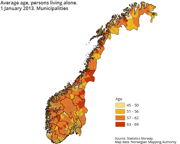 Average age, persons living alone. 1 January 2013. Municipalities Average age, persons living alone. 1 January 2013. Municipalities