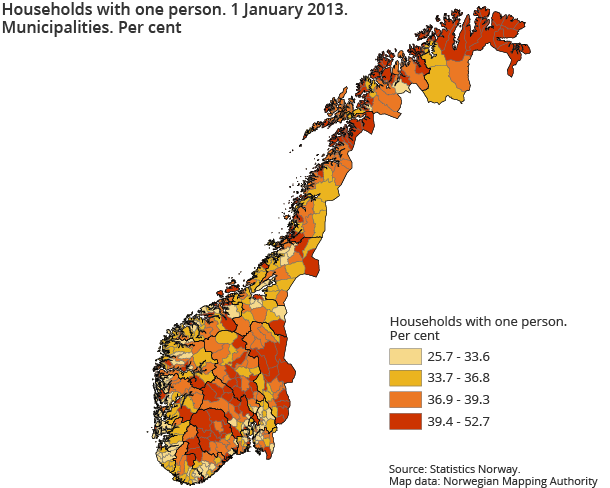 Households with one person. 1 January 2013. Municipalities. Per cent Households with one person. 1 January 2013. Municipalities. Per cent
