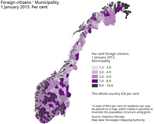 Foreign citizens. Municipality. Per cent. 1 January 2013 Foreign citizens. Municipality. Per cent. 1 January 2013