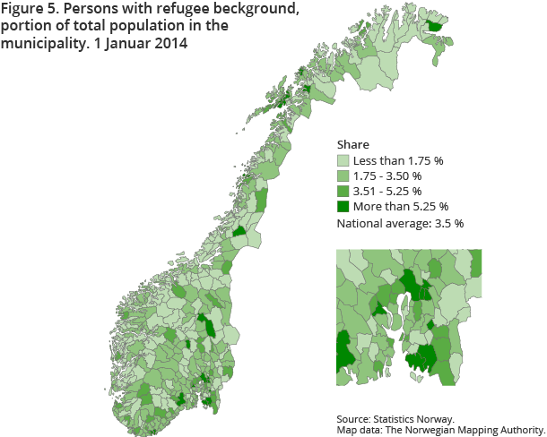 Figure 5. Persons with refugee beckground, portion of total population in the municipality. 1 January 2014 Figure 5. Persons with refugee beckground, portion of total population in the municipality. 1 January 2014
