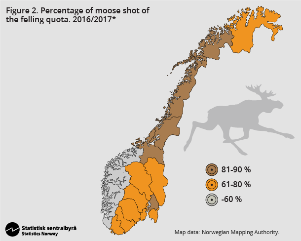 Figure 2. Percentage of moose shot of the felling quota. Preliminary figures. 2016/2017 Figure 2. Percentage of moose shot of the felling quota. Preliminary figures. 2016/2017