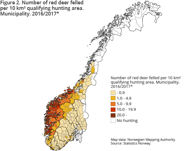 Figure 2. Number of red deer felled per 10 km² qualifying hunting area. Municipality. Preliminary figures. 2016/2017 Figure 2. Number of red deer felled per 10 km² qualifying hunting area. Municipality. Preliminary figures. 2016/2017