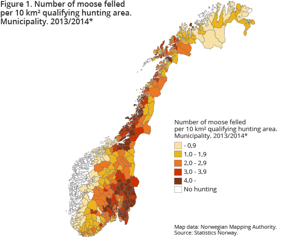 Number of moose felled per 10 km² qualifying hunting area. Municipality. 2013/2014* Number of moose felled per 10 km² qualifying hunting area. Municipality. 2013/2014*