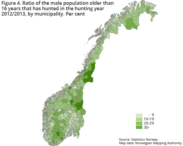 Ratio of the male population older than 16 years that has hunted in the hunting year 2012/2013, by municipality. Per cent Ratio of the male population older than 16 years that has hunted in the hunting year 2012/2013, by municipality. Per cent