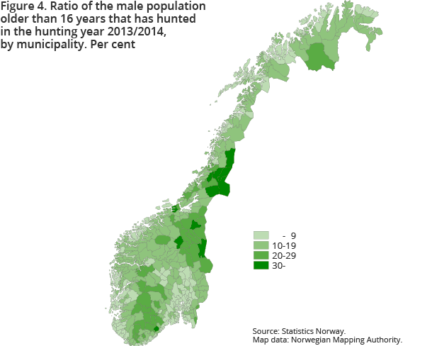 Figure 4. Ratio of the male population older than 16 years that has hunted in the hunting year 2013/2014, by municipality Figure 4. Ratio of the male population older than 16 years that has hunted in the hunting year 2013/2014, by municipality