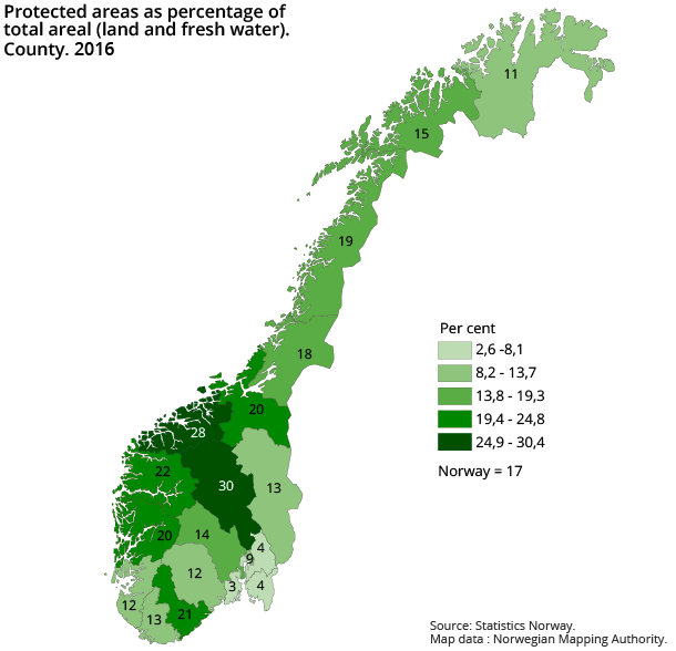 Protected areas as percentage oftotal areal (land and fresh water).County. 2016 Protected areas as percentage oftotal areal (land and fresh water).County. 2016